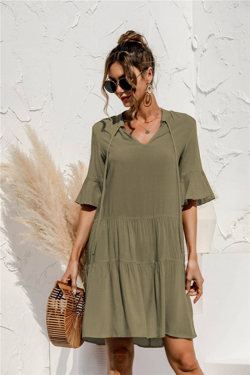 V NECK FLARED SLEEVE PATCHWORK DRESS_CWDSD2463