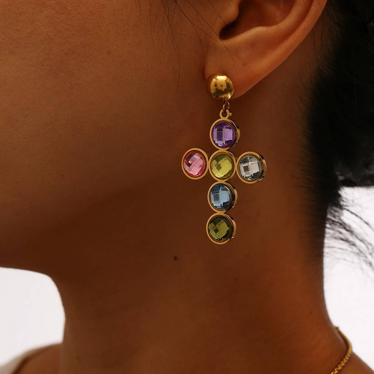 Stainless Steel Cross Necklace & Earrings Set_CWMM8890