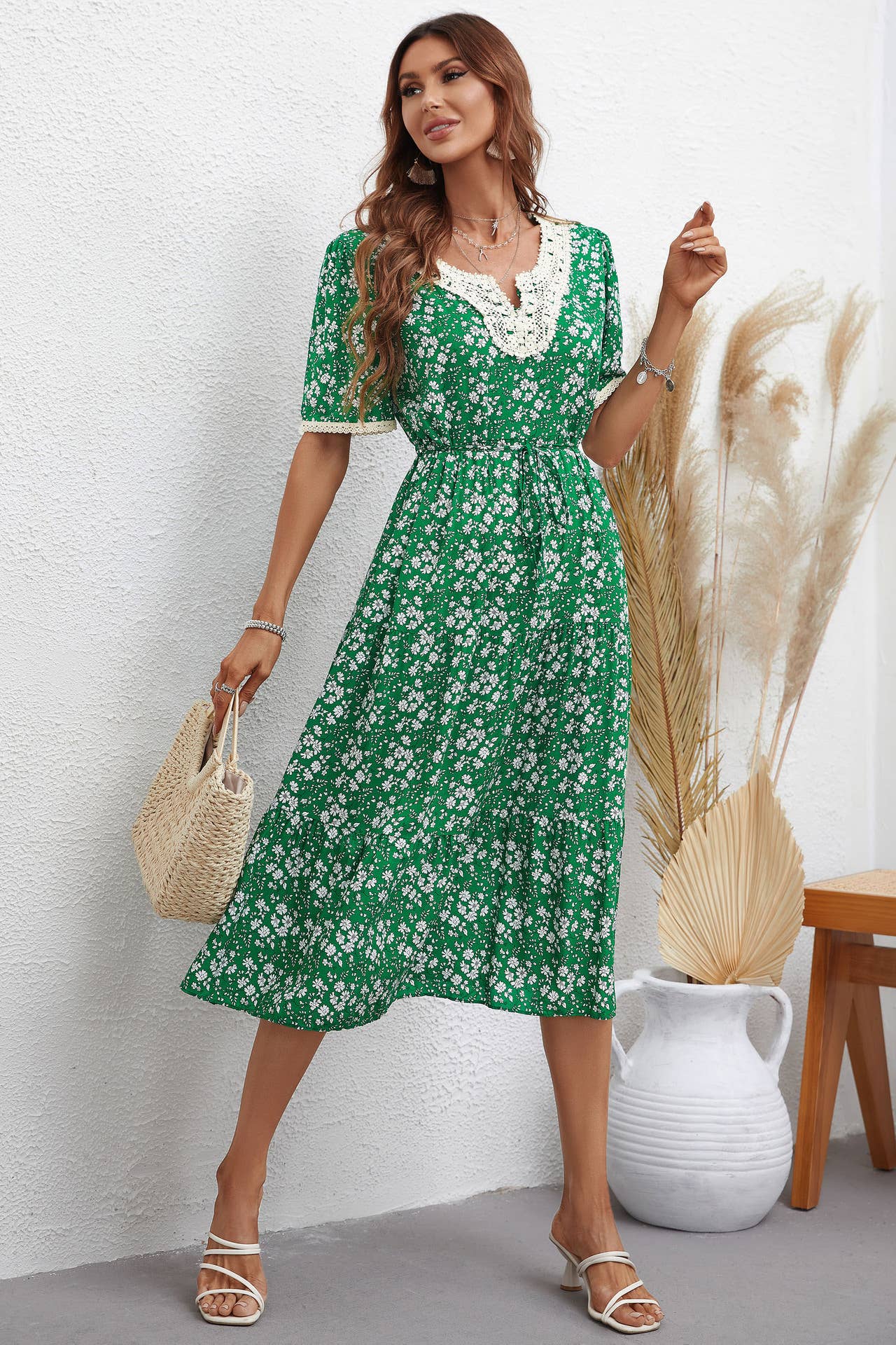 V-NECK FASHION PRINT SLIM-FIT WAISTLINE DRESS