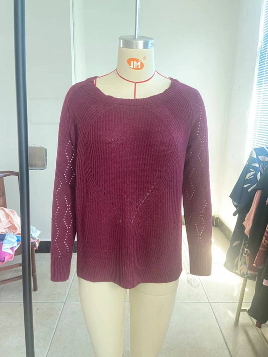 HOLLOW-OUT PATTERN SOLID COLOR CREW NECK SWEATER