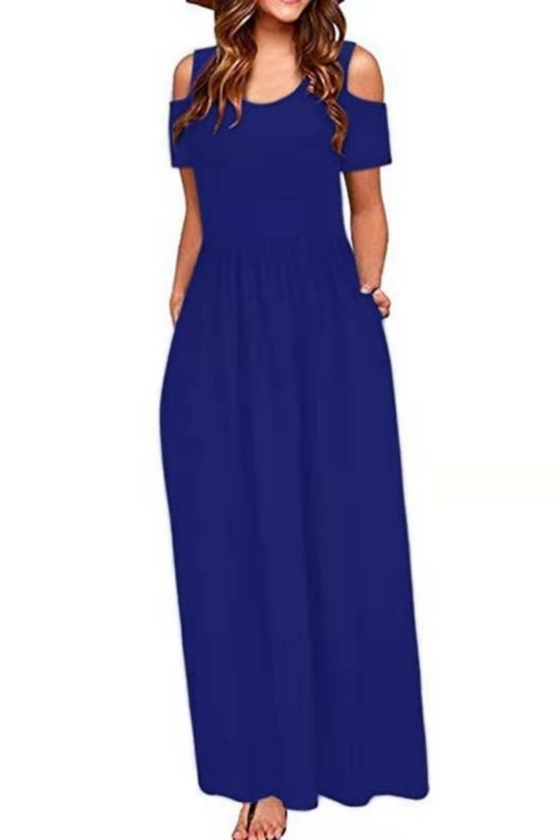 CWDMD2070_ROUND NECK FASHIONABLE SHORT SLEEVE LONG DRESS