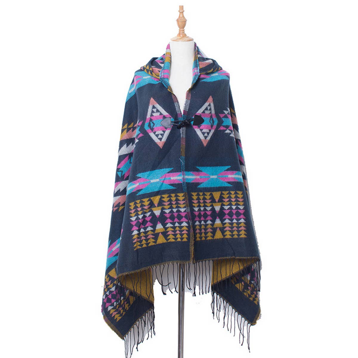 HORN BUTTON BOHEMIAN HOODED CAPE SHAWL