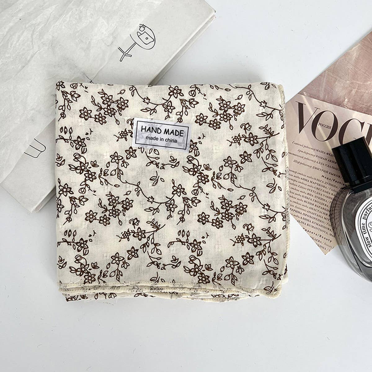 Floral Cotton Linen Square Scarf for Women