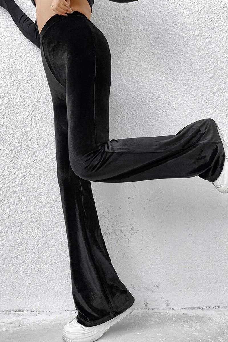 CWBLP1421_HIGH-WAISTED VELVET SLIM-FIT FLARED TROUSERS