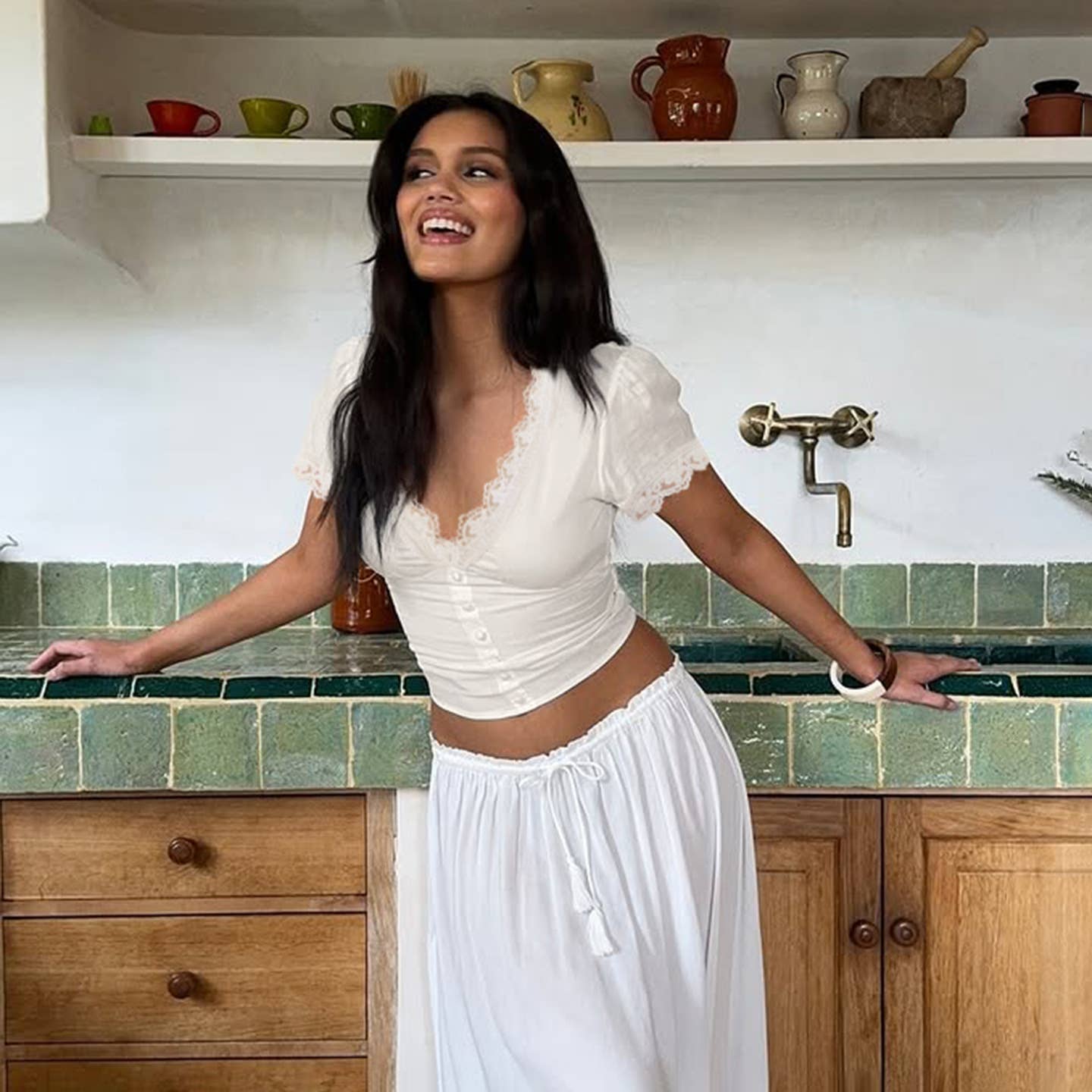 Lace patchwork breasted short-sleeved T-shirt