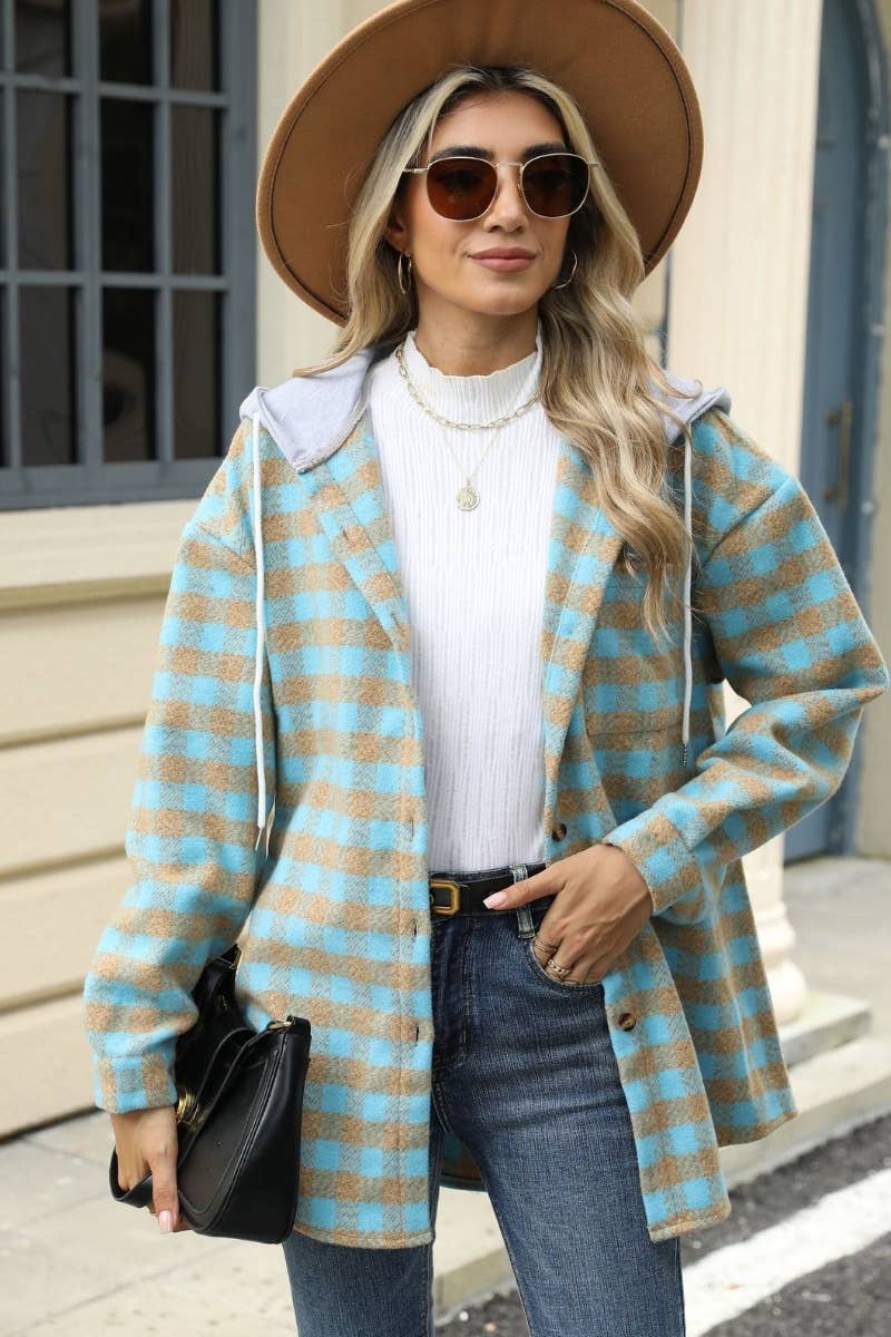 CWOCO0568_FALL PLAID HOODED PATCHWORK WOOLEN COAT