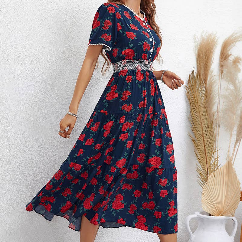 FASHION PRINT SHORT SLEEVE SLIM-FIT LONG DRESS