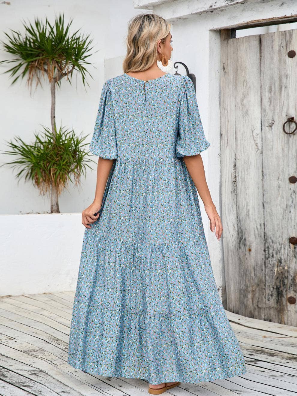 Puffy sleeve crew neck floral print long dress