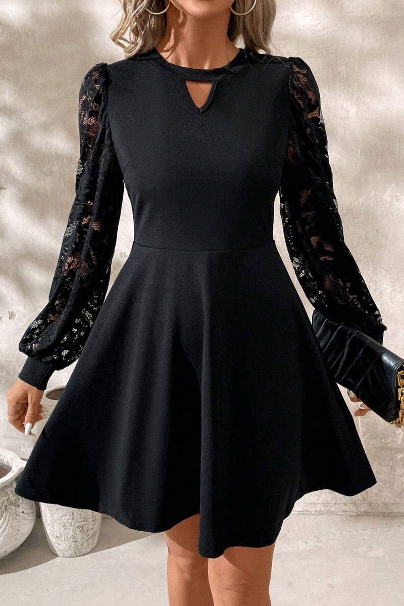 CWDSD6893_BLACK LACE LONG SLEEVE FLARED HEM DRESS