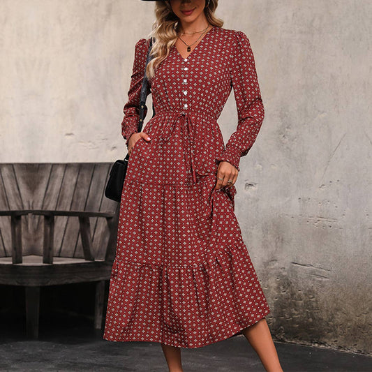 V-NECK LONG SLEEVE PRINTED LONG DRESS