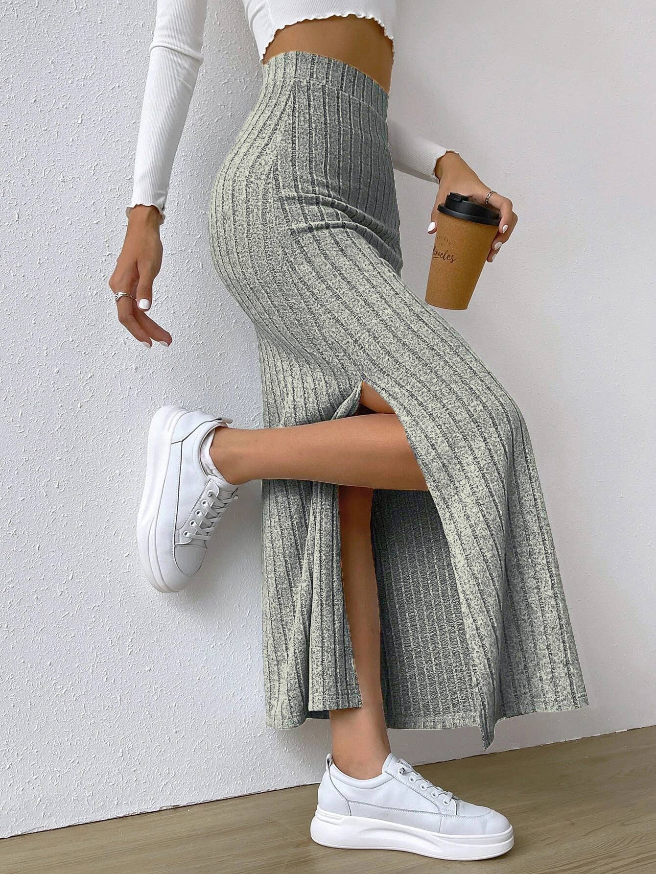 HIGH WAIST SIDE SLIT SLIM KNIT SKIRT