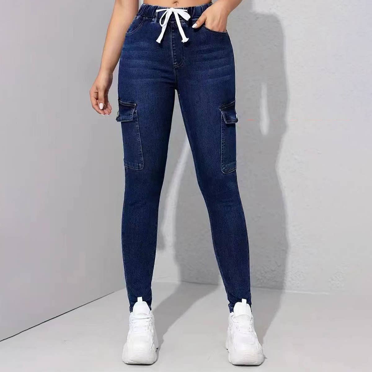 DENIM LACE-UP ELASTIC-WAIST STRETCH DENIM TIGHTS