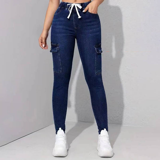 DENIM LACE-UP ELASTIC-WAIST STRETCH DENIM TIGHTS