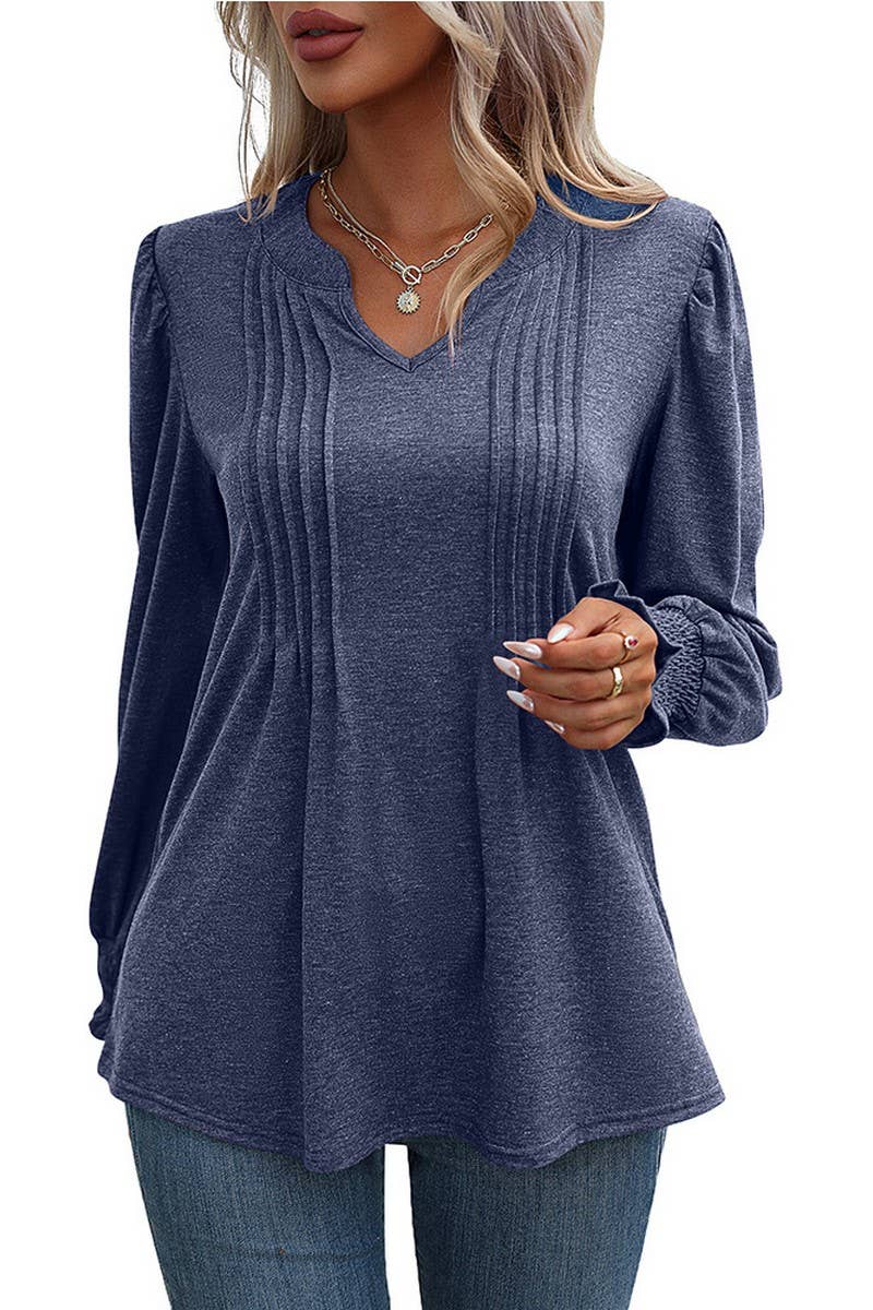CWOSWL07637_SOLID V NECK PUFF SLEEVE RUCHED LONG SLEEVE TOP