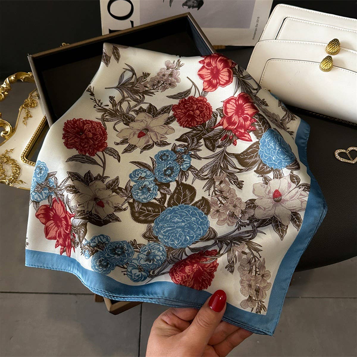 Lotus & Peony Print Satin Square Scarf for Summer