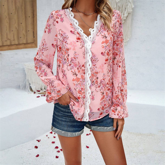Temperament casual printed long sleeve V-neck shirt