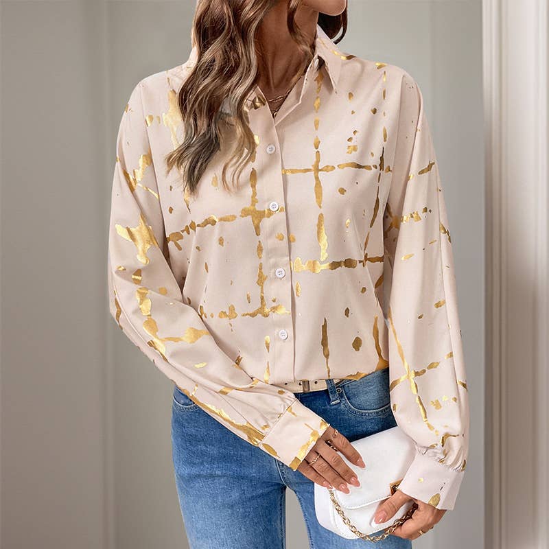 Lapel gold-embossed printed shirt