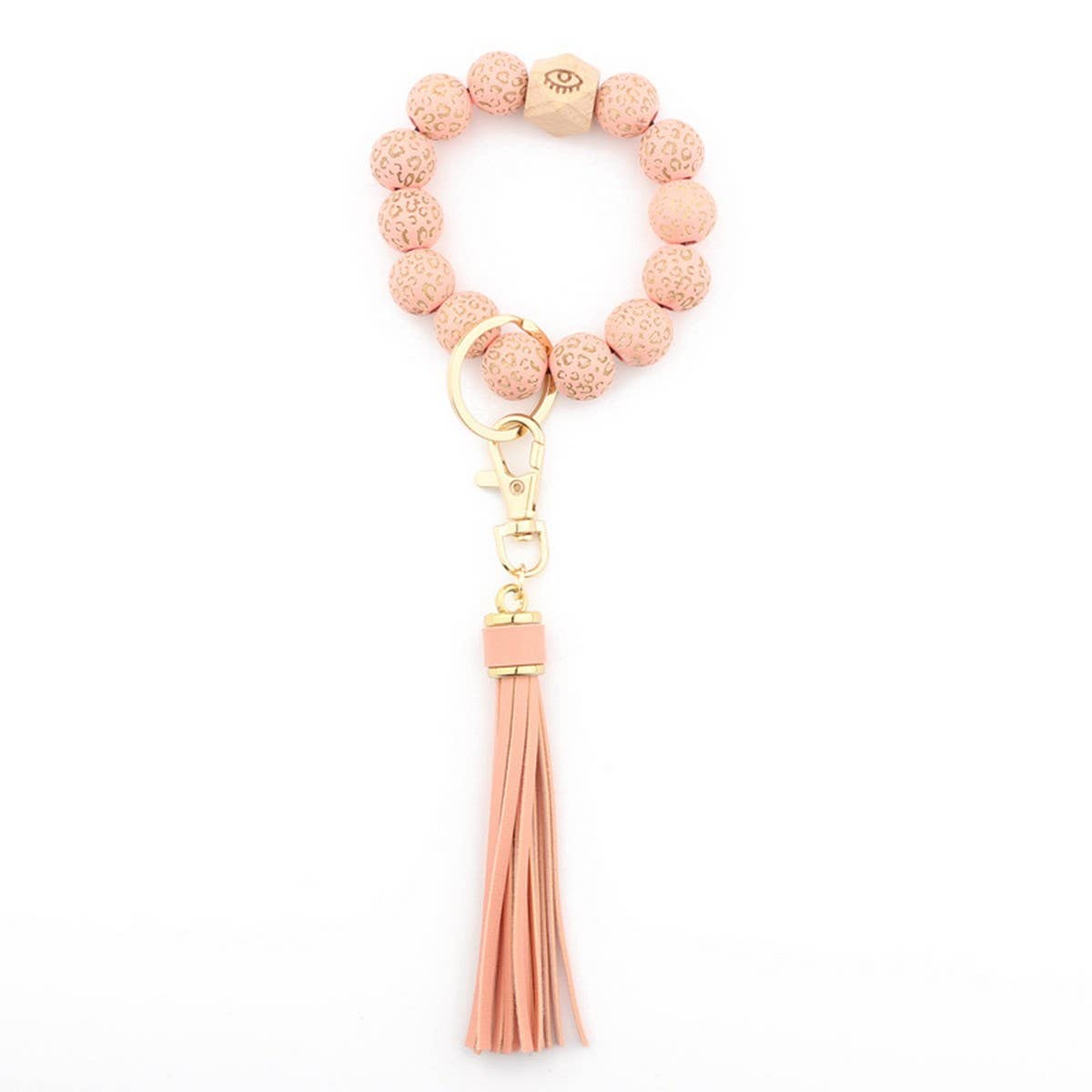Leopard Wood Bead Bracelet Keychain with Tassel
