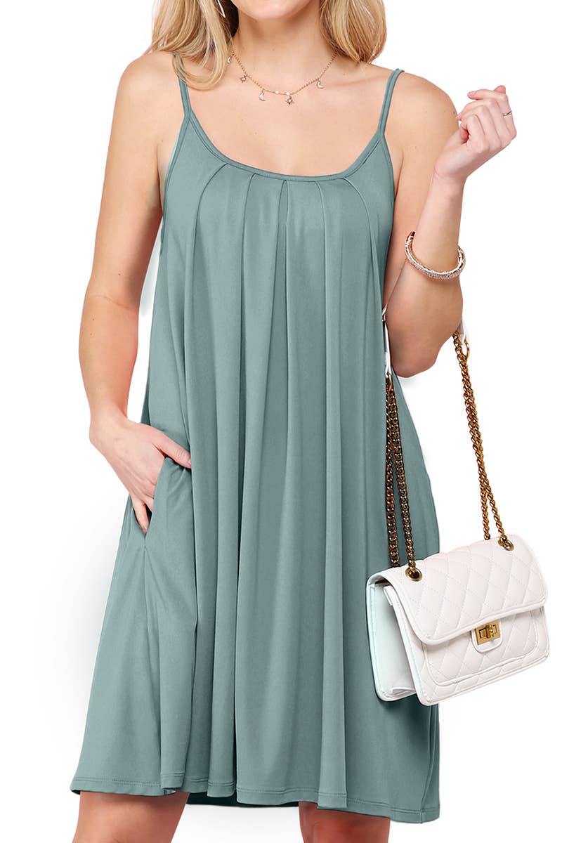 CWDSD10371-P_PLEATS DETAILED DRESS WITH POCKET AND STRAP