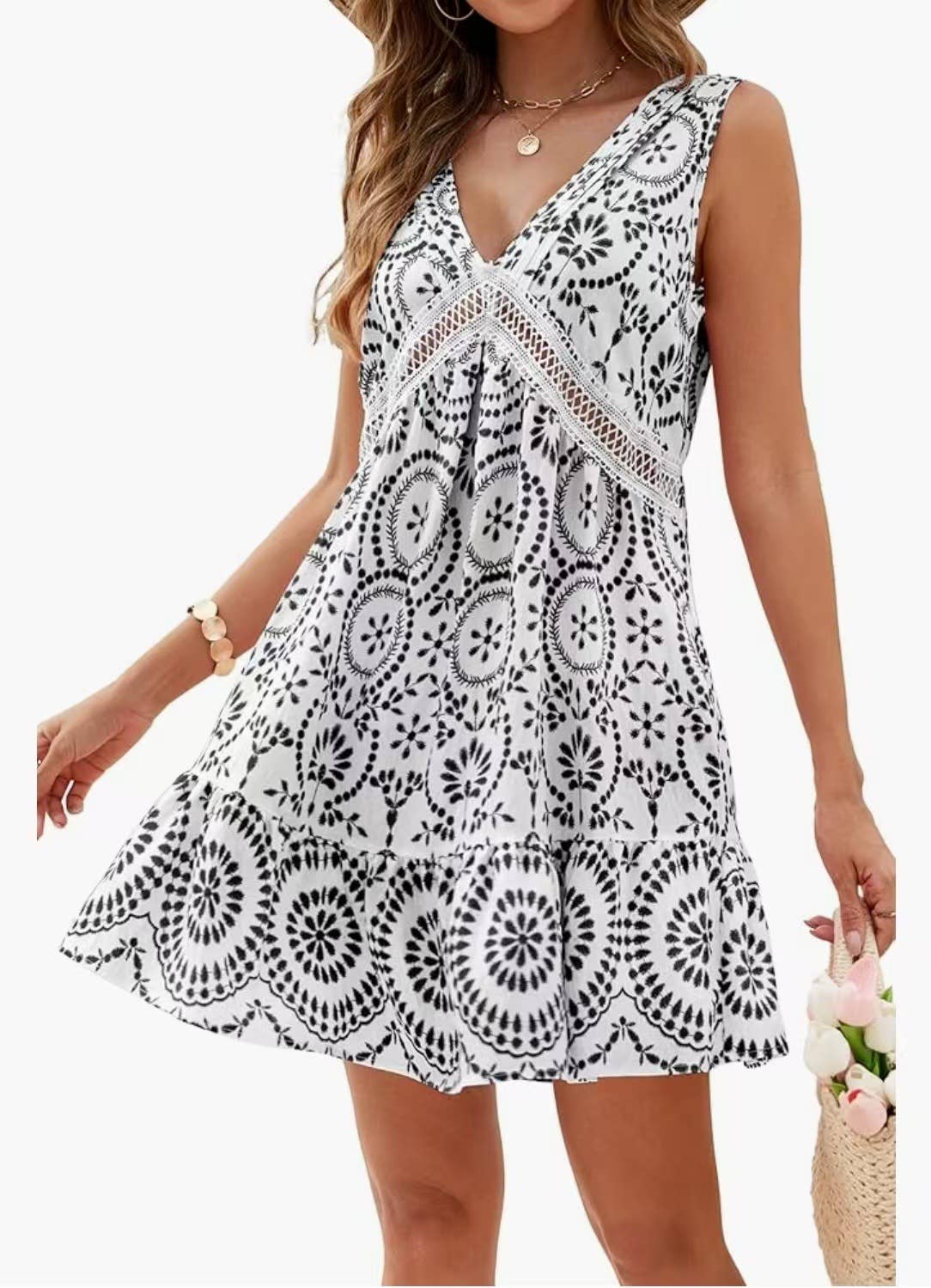 Elegant printed lace V-neck sleeveless dress