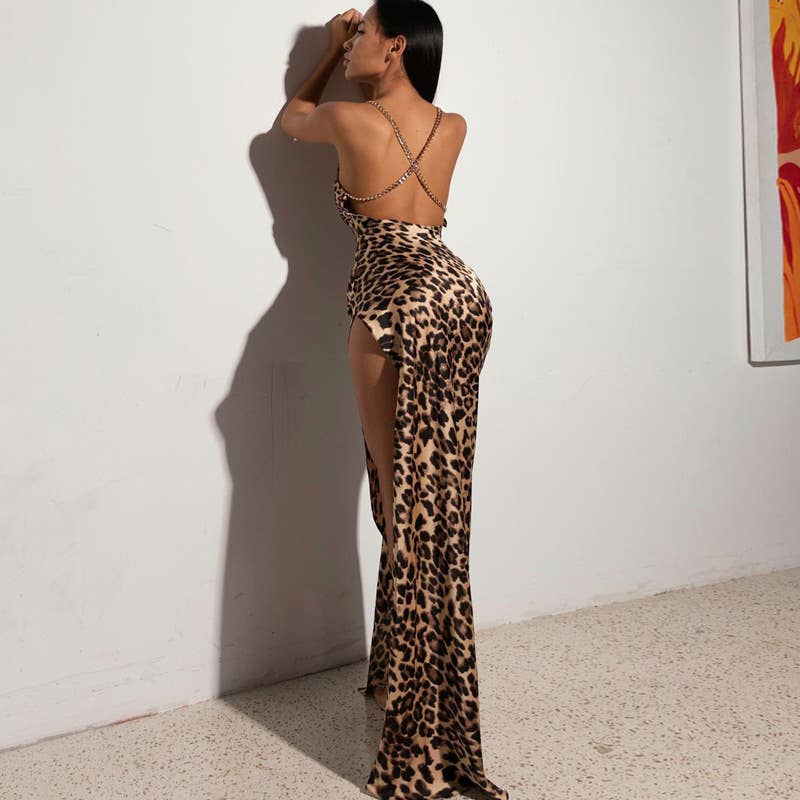 Irregular high-slit fashionable leopard dress