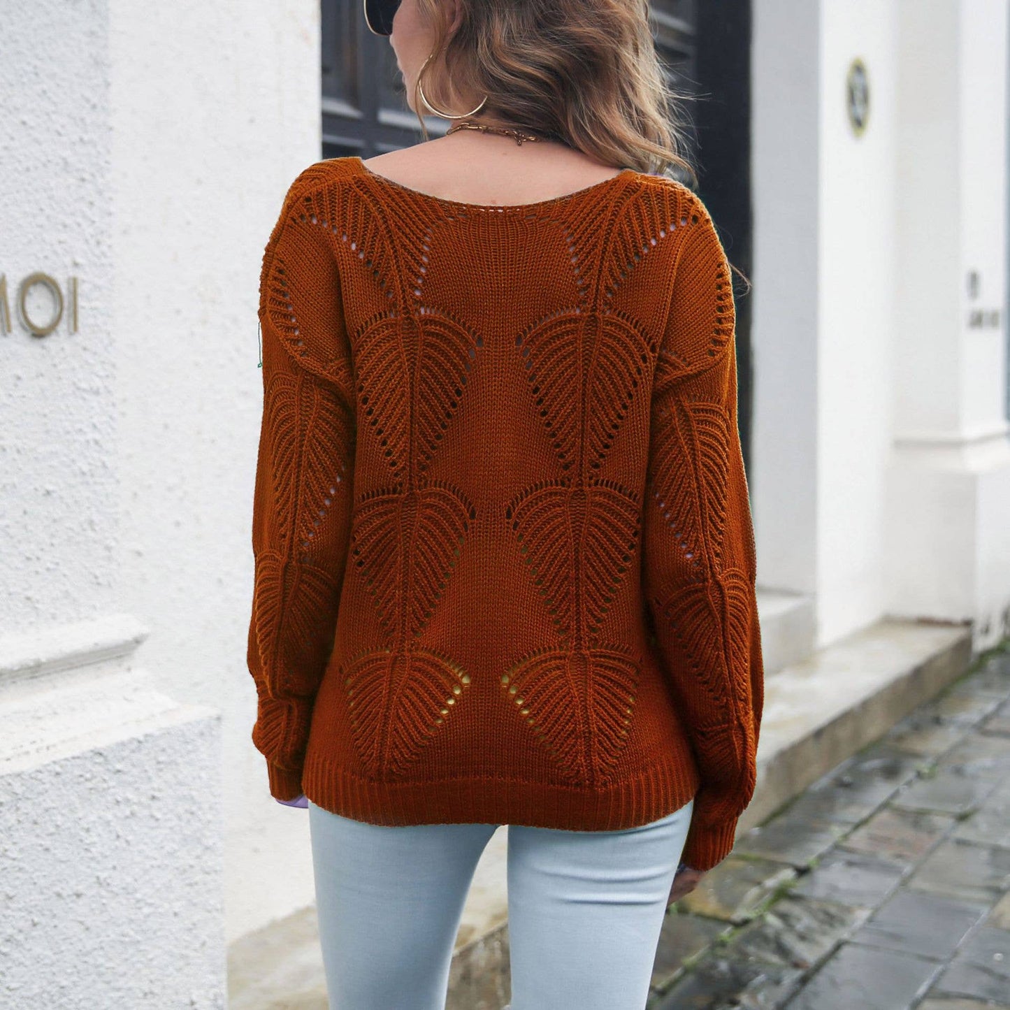 HOLLOW LEAF V-NECK LONG-SLEEVED KNIT SWEATER