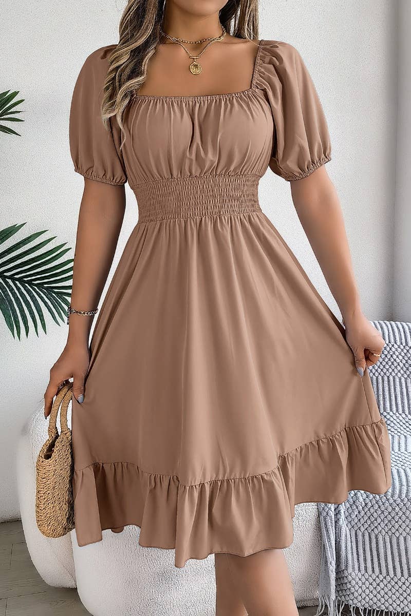 CWDSD4632_SQUARE NECK SHORT SLEEVE WAIST PEPLUM DRESS