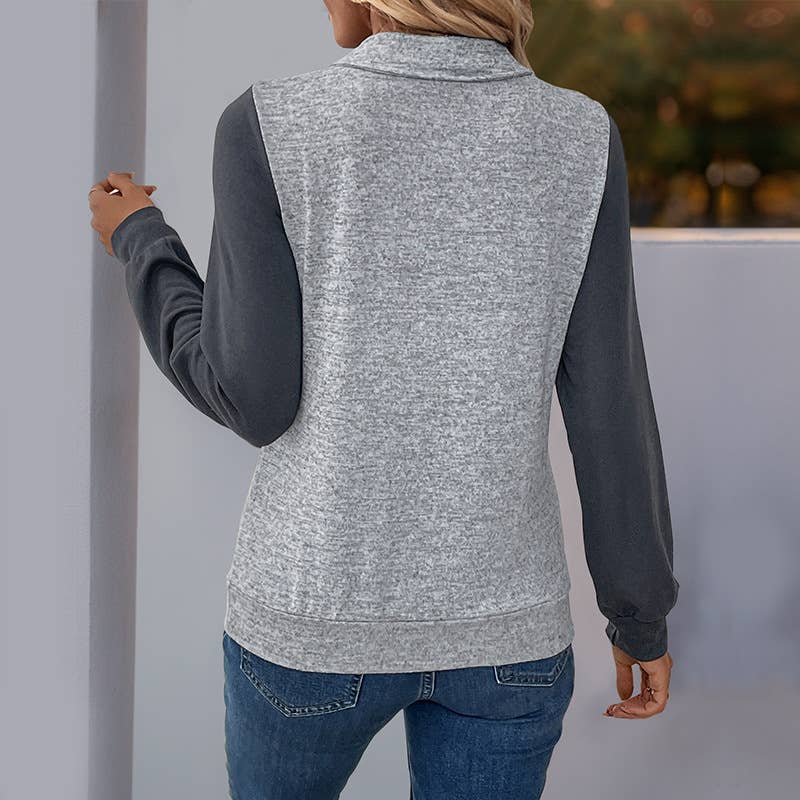 LAPEL ZIPPER CASUAL COLOR PATCHWORK HOODIE