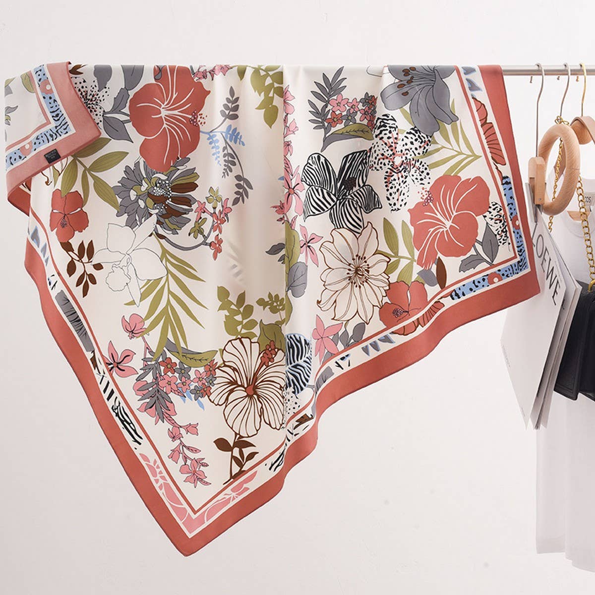 FLORAL PATTERN LARGE SQUARE SILK FEELING SCARF