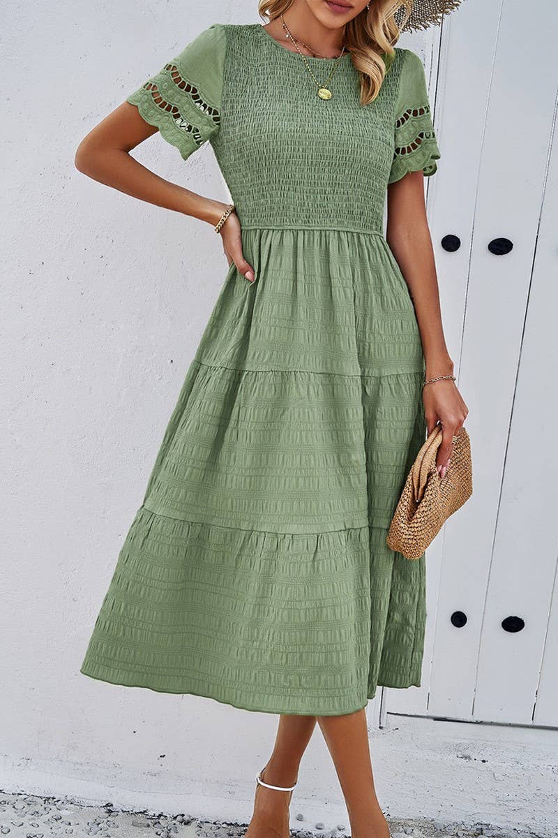 CWDSD2795_Smocking Detailed Short Sleeve Dress
