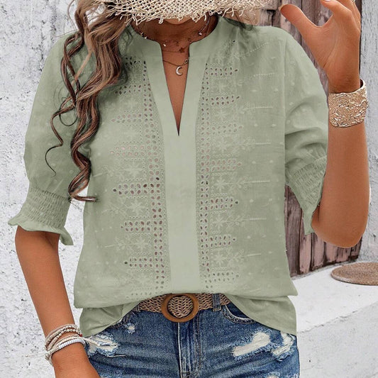 V-neck puffy sleeve cutout hairball lace T-shirt