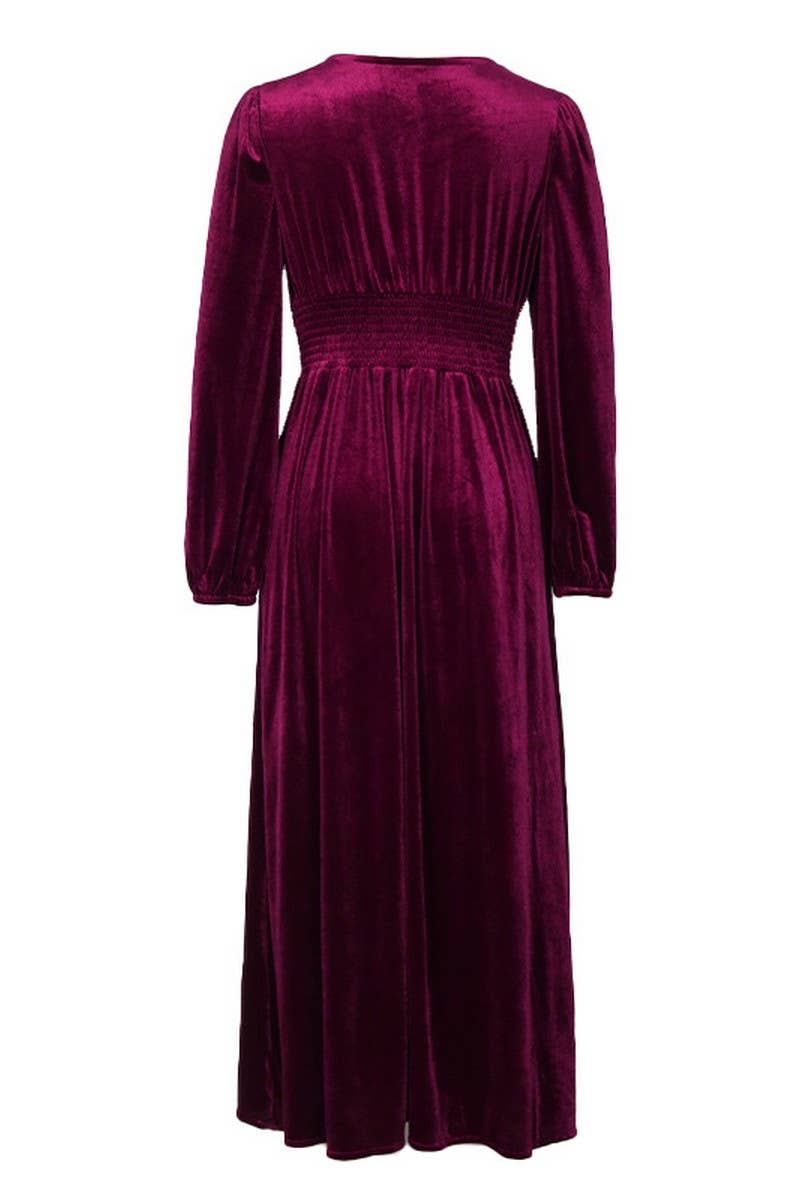 CWDMD3737_V-NECK SOLID COLOR GOLD VELVET LONG-SLEEVED DRESS