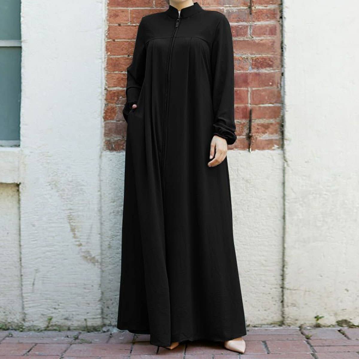 ARABIC STYLE STAND-UP COLLAR ZIPPER RELAXED DRESS