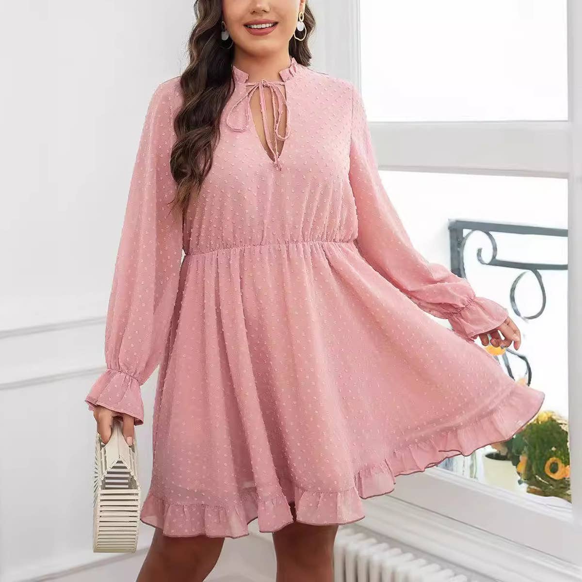 Fashion Plus Size Ruffle Hem Pink Dress_CWDSD8486
