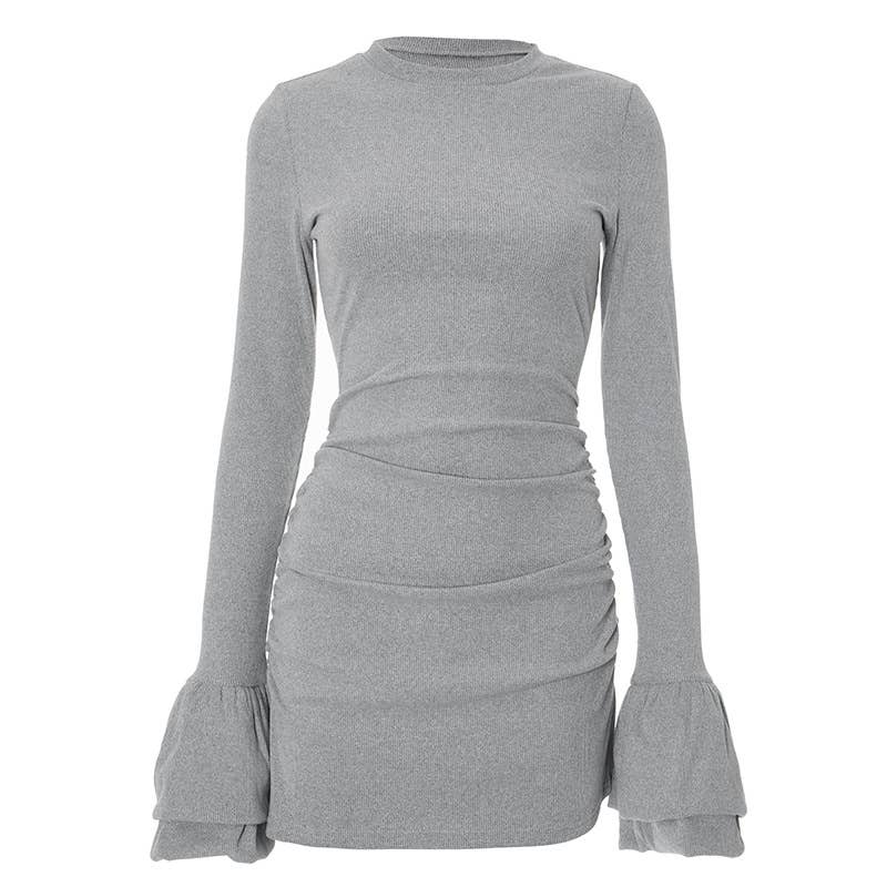 SOLID COLOR ROUND NECK LACE PLEATED SHORT DRESS