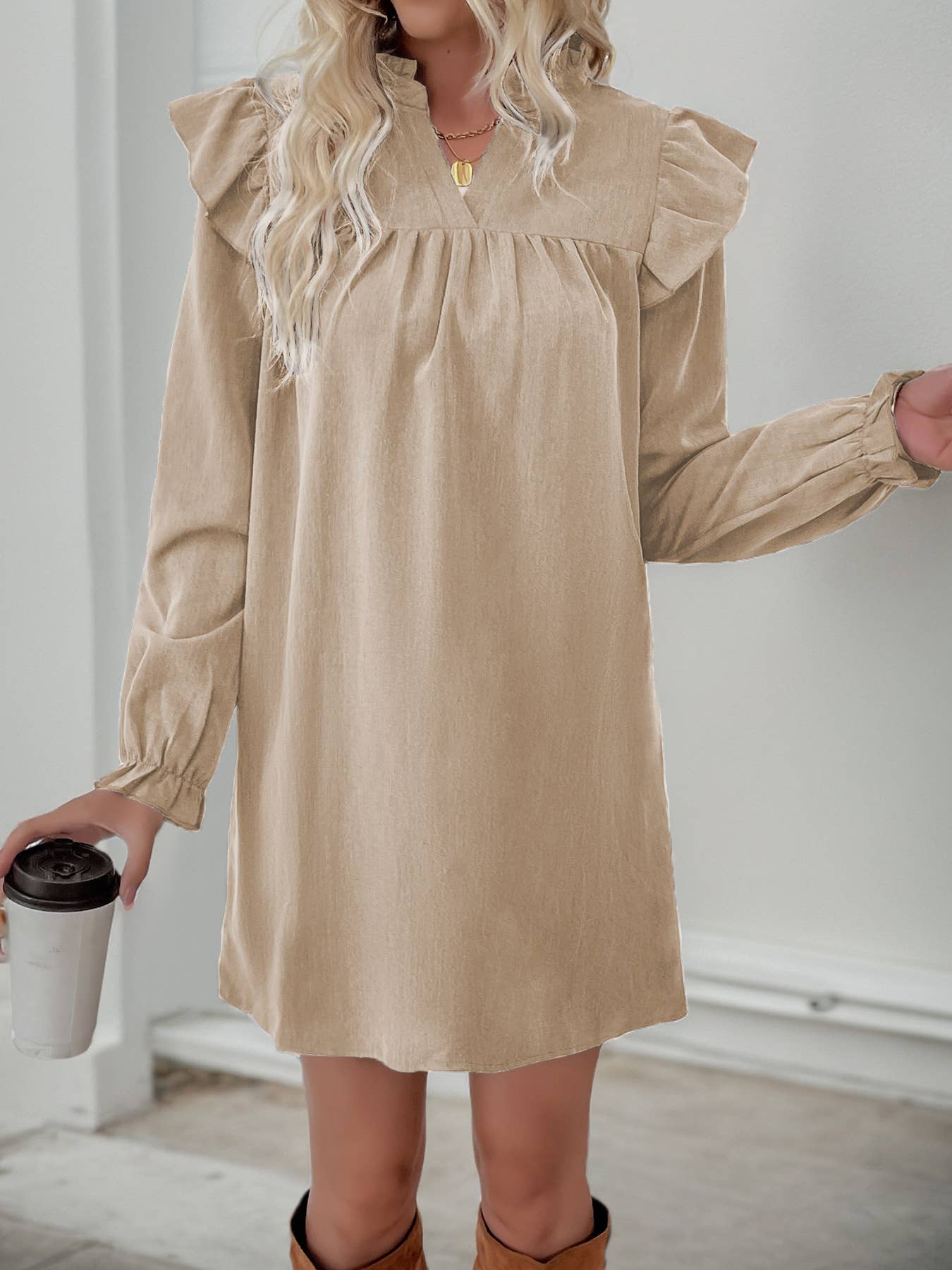 Solid-color ruffled loose stand-up collar dress