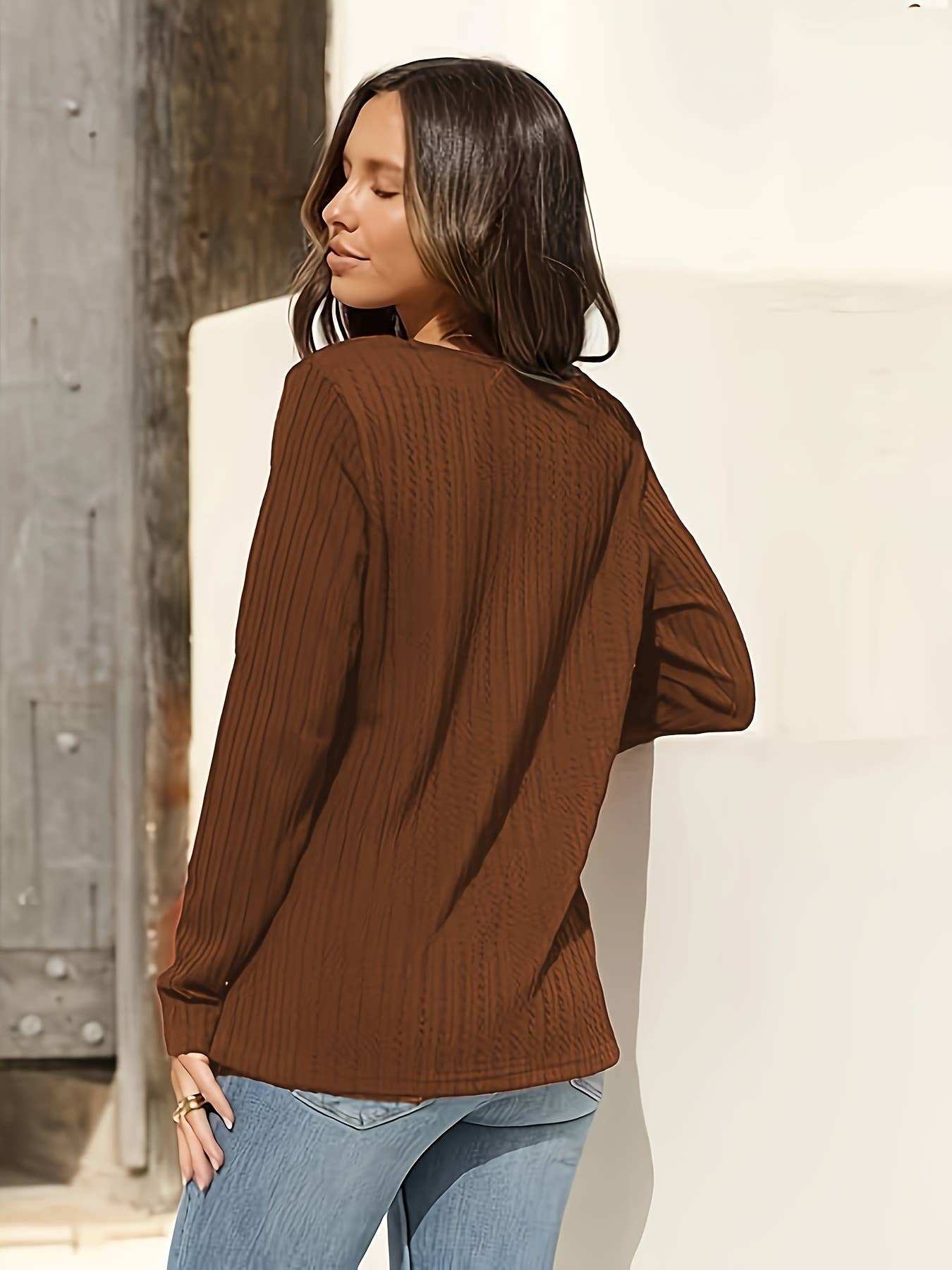 V-NECK T-SHIRT CASUAL JACQUARD TEXTURE KNIT TOP