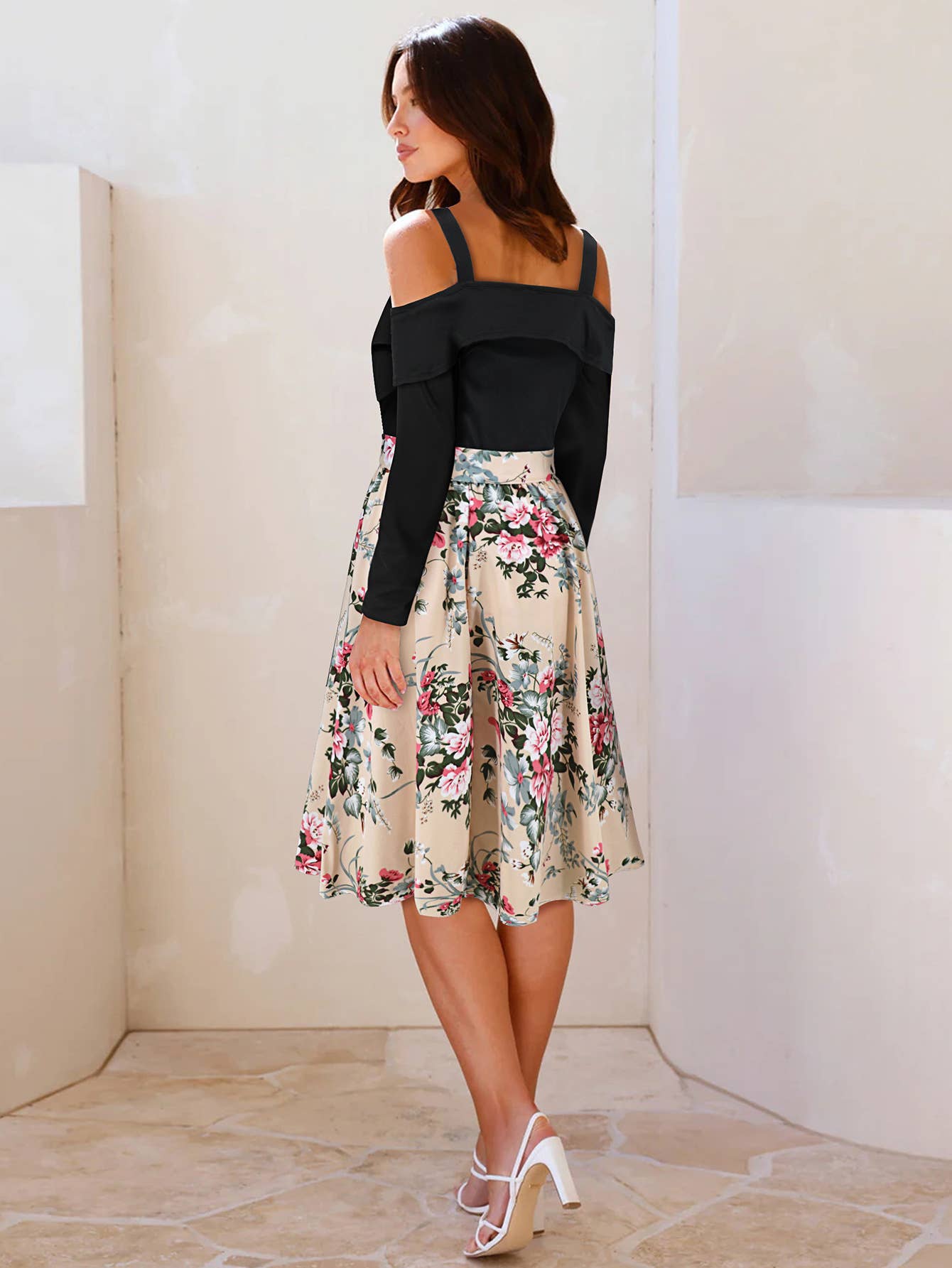Long Sleeve Off-Shoulder Floral A-Line Dress