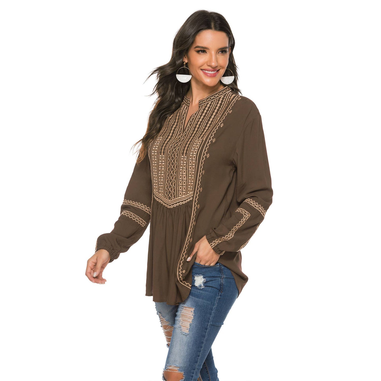 Ethnic style long-sleeved heart-neck top