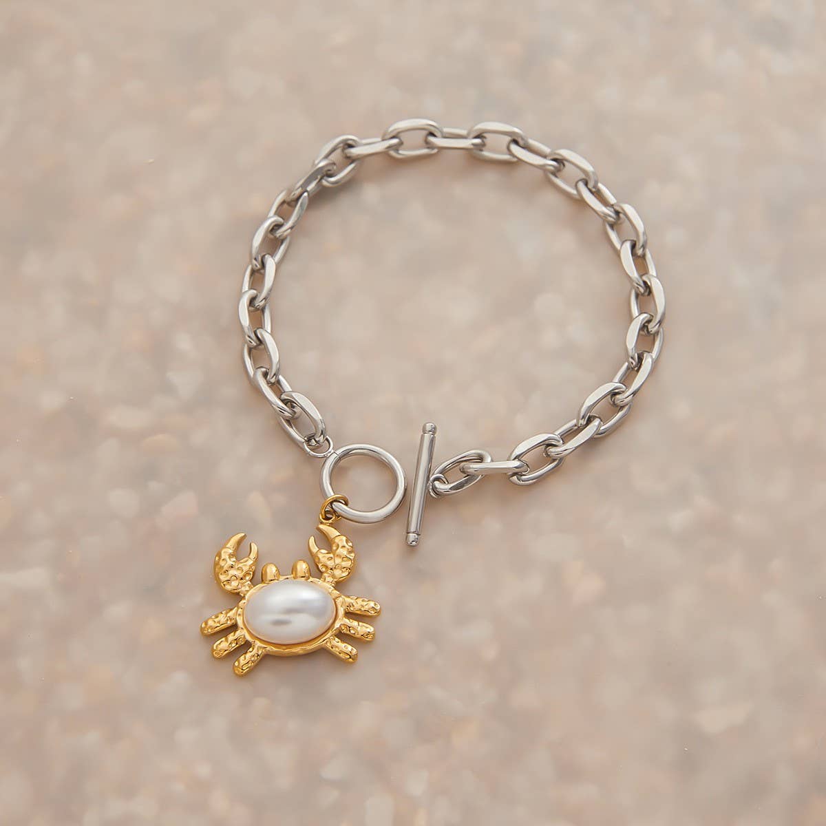 18K Gold Mixed Metal Crab Pendant Bead Bracelet_CWAJE4843