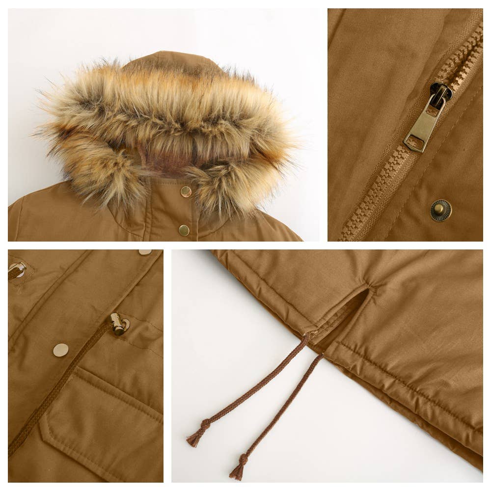 HOODED FUR COLLAR AND FLEECE PADDED JACKET