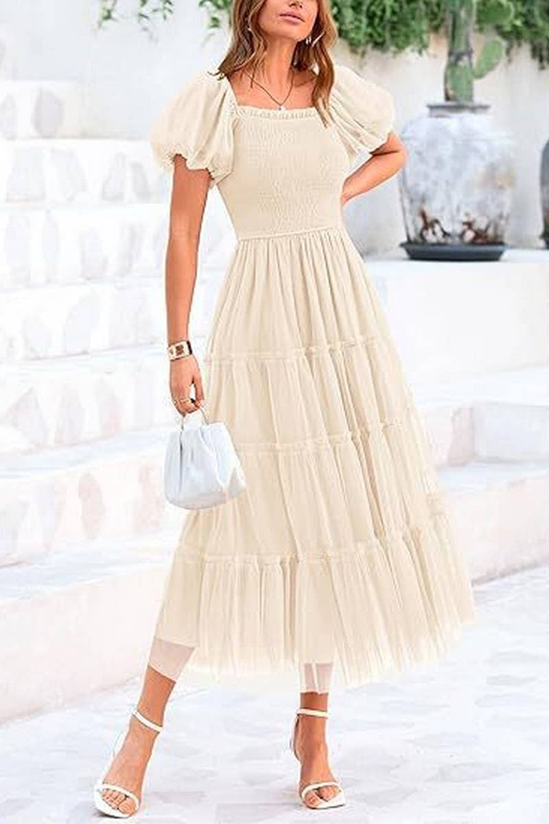 CWDMD6369_SQUARE NECK PLEATED MESH PANELED FLUFFY DRESS