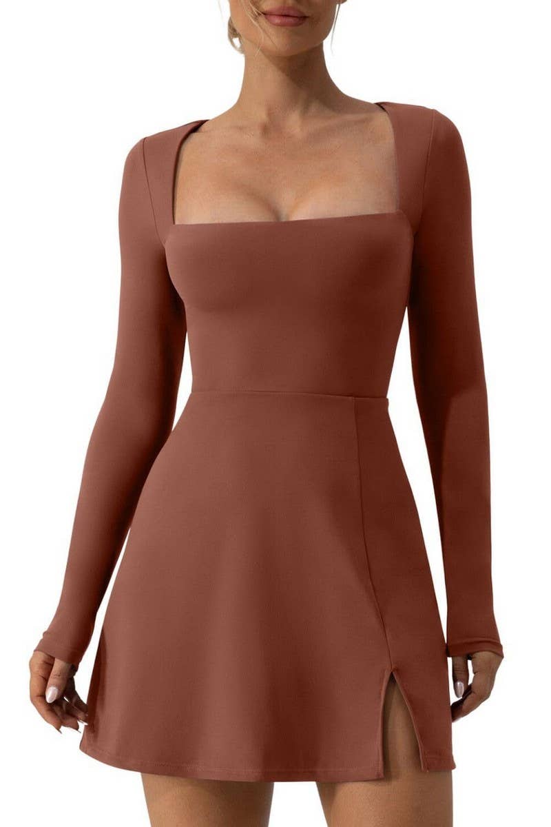 CWDSD8464_SQUARE NECK CORSET SLEEVE SLIT FLARE MINI DRESS