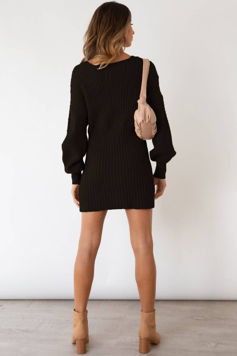 CWDSD6567_V-NECK LONG-SLEEVED SWEATER DRESS WITH HIP WRAP