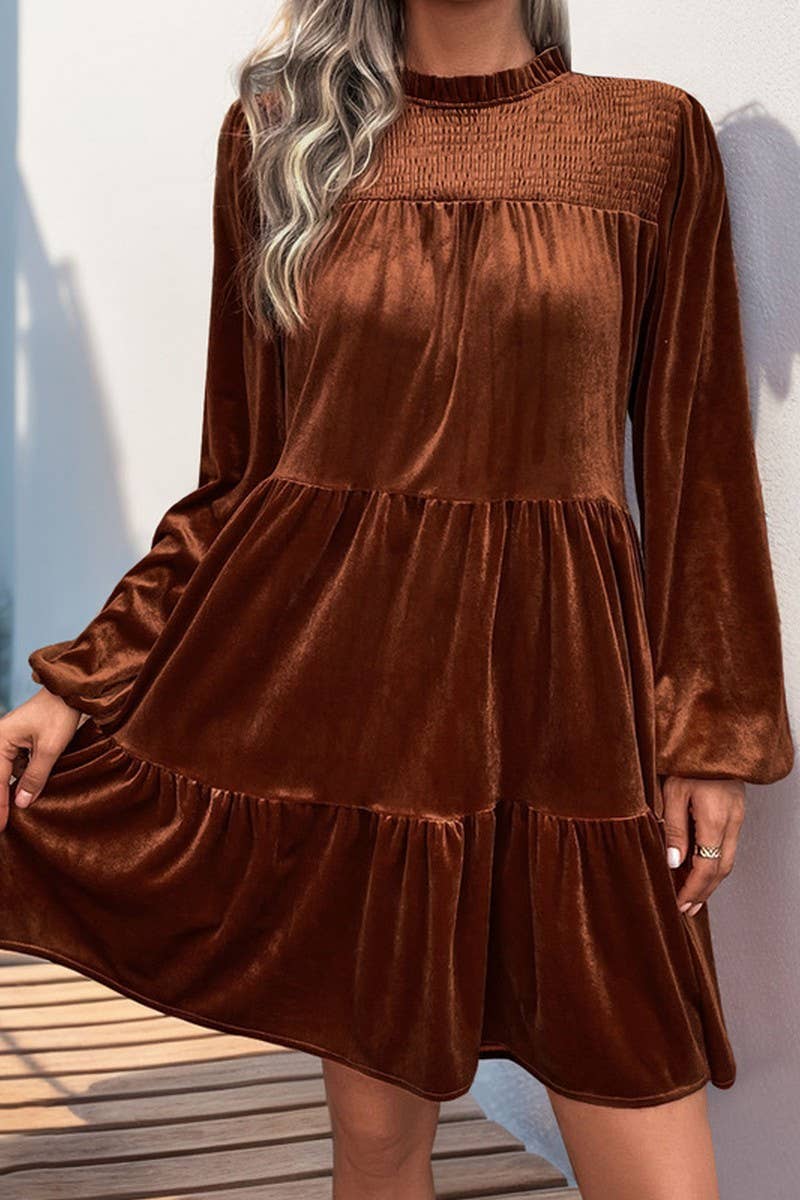 CWDSD6206_SOLID COLOR GOLD VELVET LONG SLEEVE DRESS