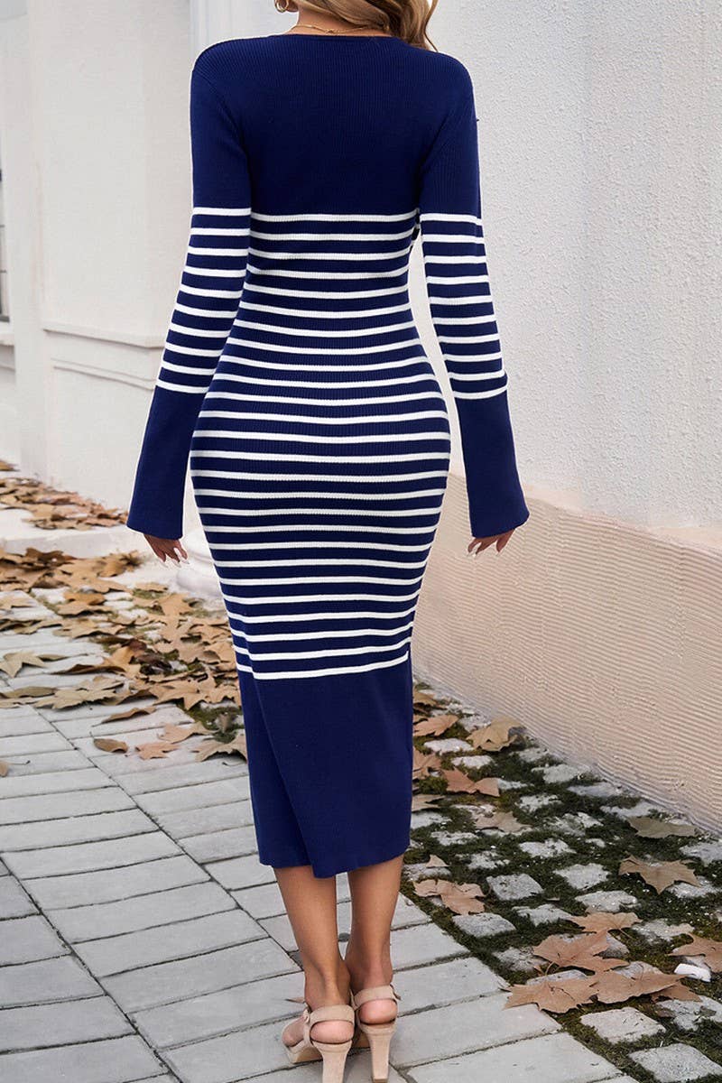 CWDMD3309_SLIM FIT V NECK CONTRAST STRIPED SWEATER DRESS