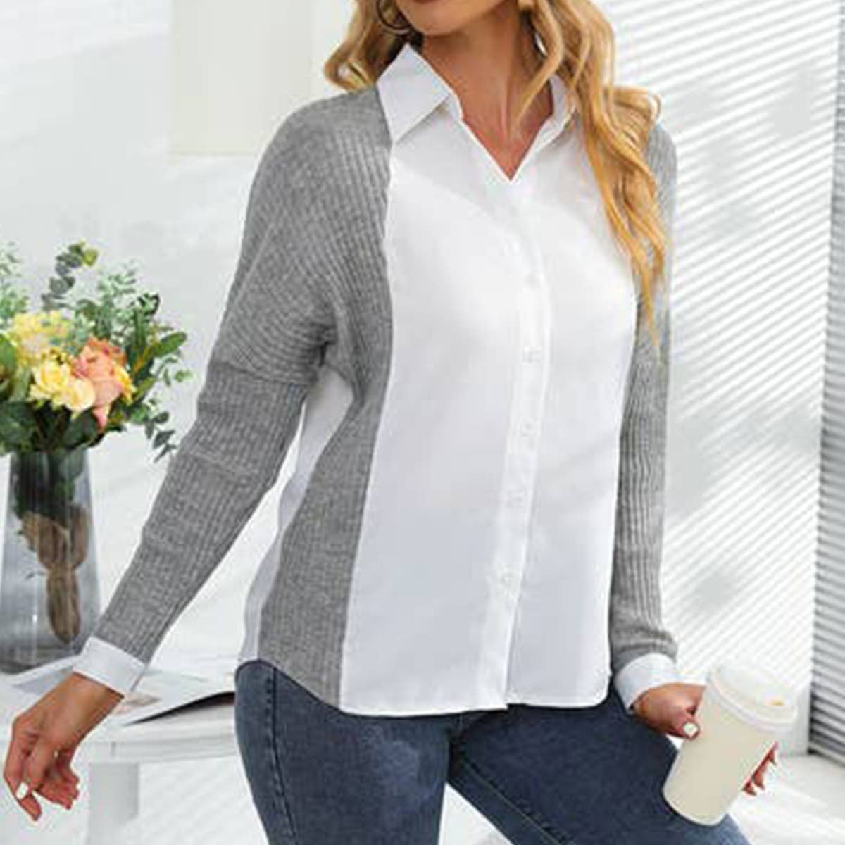 Patchwork Knit Color Contrast Long-Sleeved Shirt