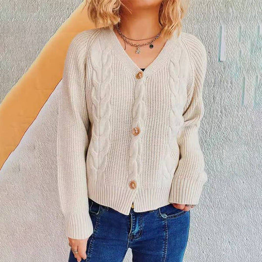 V-neck thick needle hemp flower short cardigan