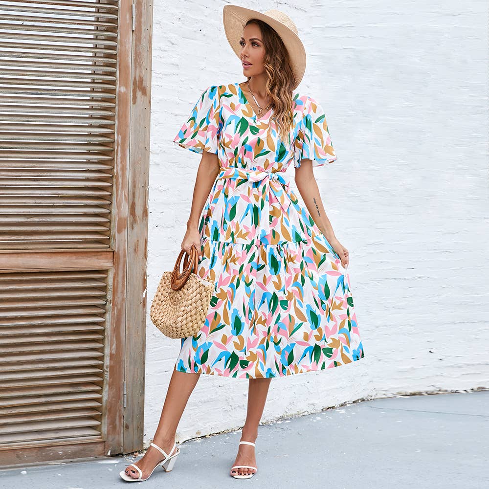 Puffy sleeve V-neck lace-up waist long dress