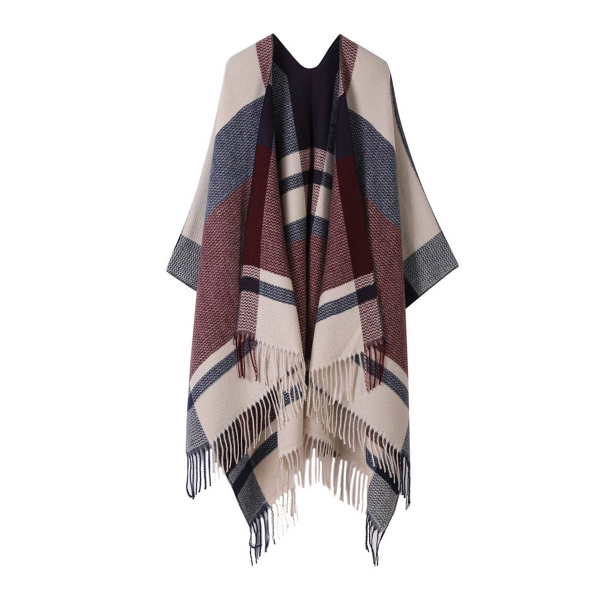 FRINGED SLIT SHAWL PLAID SCARF WARM CAPE
